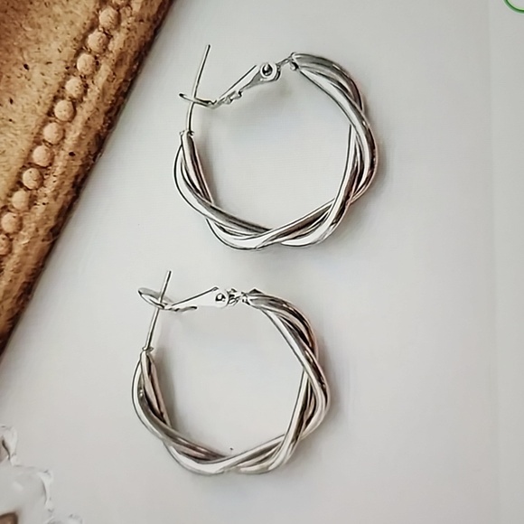 Silver Twisted Circle Earrings - Picture 3 of 5